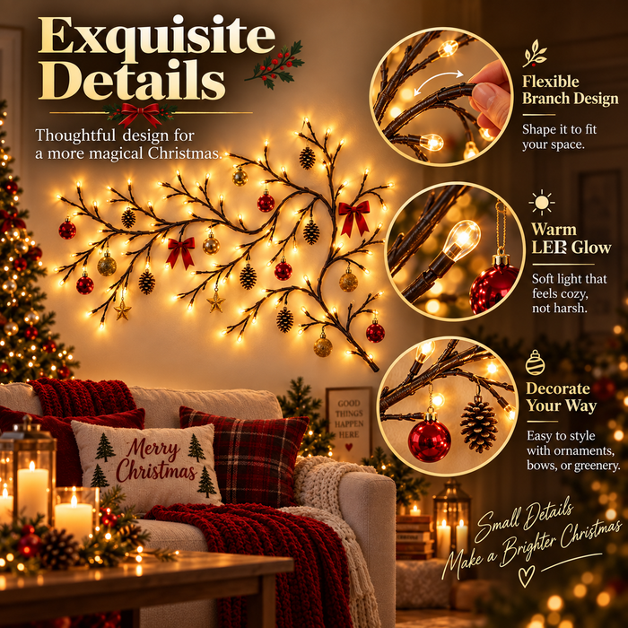 Close-ups of the flexible branches and warm LED bulbs